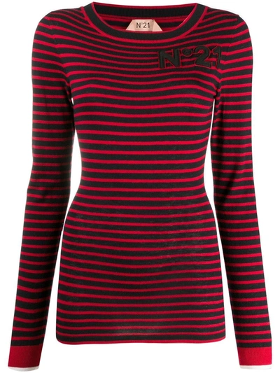 Shop N°21 Logo Patch Striped Top In Red