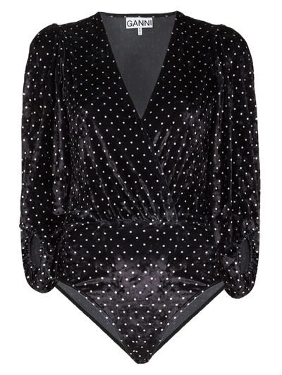 Shop Ganni Velvet-effect Polka Dot Bodysuit In Black