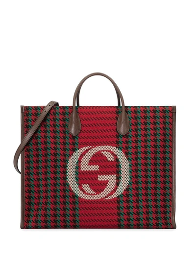 Shop Gucci Interlocking G Houndstooth Tote Bag In Red