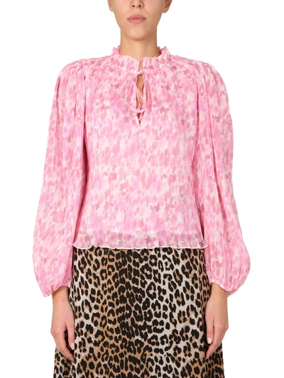 Shop Ganni Blouse With Floral Print In Rosa