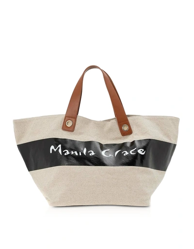 Shop Manila Grace Signature Beige Canvas Tote Bag