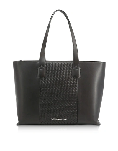 Shop Emporio Armani Black Woven Eco-leather Tote Bag