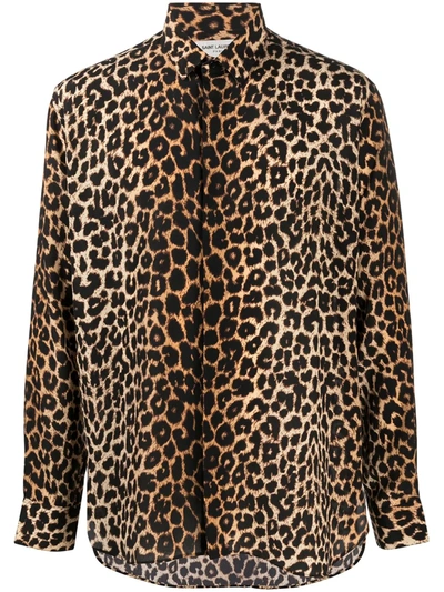 Shop Saint Laurent Leopard-print Silk Shirt In Brown