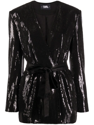 Shop Karl Lagerfeld Belted Sequin-embellished Jacket In Black
