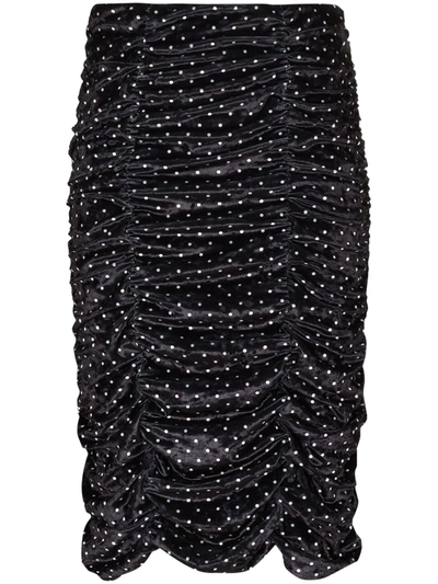 Shop Ganni Polka-dot Ruched Skirt In Black