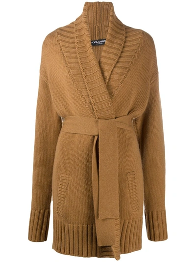 Shop Dolce & Gabbana Belted Knitted Cashmere Cardi-coat In Brown
