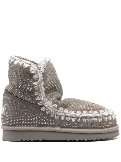 Shop Mou Crystal Embellished Sheepskin Boots In Grey