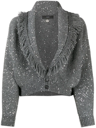 Shop Alanui Sequin-embellished Fringed Cardigan In Grey
