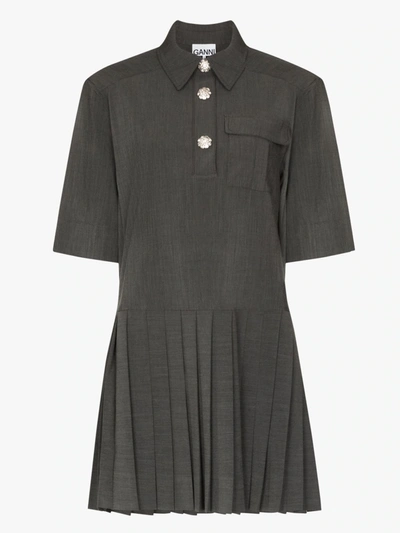 Shop Ganni Grey Mélange Suiting Mini Shirt Dress