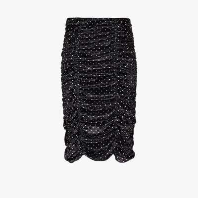 Shop Ganni Polka Dot Ruched Velvet Skirt In Black