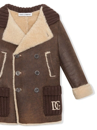 Shop Dolce & Gabbana Shearling-trim Double-breasted Coat In Brown