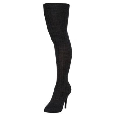 Pre-owned Dolce & Gabbana Grey/black Fabric And Snake Effect Sock Knee Boots Size 41