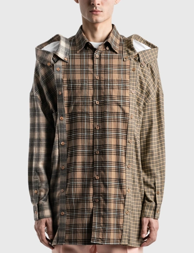 Shop Burberry Contrast Check Cotton Flannel Reconstructed Shirt In Beige