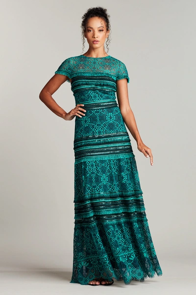 Shop Tadashi Shoji Ece Lace & Fringe Gown In Herbal Green