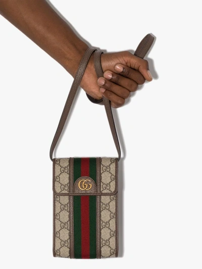 Shop Gucci Brown Ophidia Gg Supreme Phone Bag In Neutrals