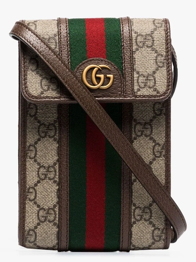 Shop Gucci Brown Ophidia Gg Supreme Phone Bag In Neutrals