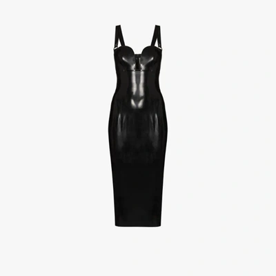 Shop Saint Laurent Black Plunge Neck Latex Midi Dress