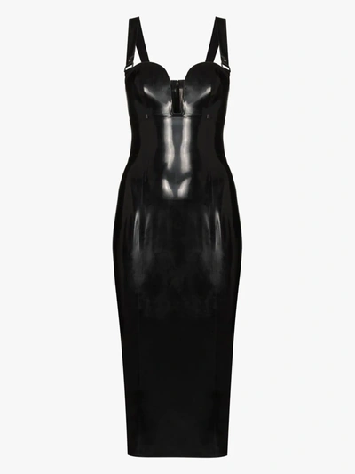 Shop Saint Laurent Black Plunge Neck Latex Midi Dress