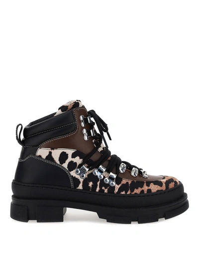 Shop Ganni Leopard Detailed Hiking Boots In Multicolour