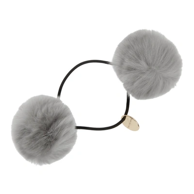 Shop Yves Salomon Grey Fur Pom Pom Hair Tie In A7143 Libel