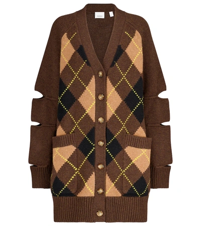 Shop Burberry Argyle Wool And Cashmere Cardigan In Brown