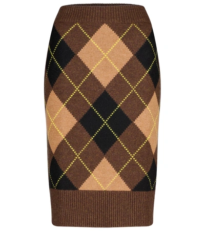 Shop Burberry Argyle Wool And Cashmere Midi Skirt In Brown
