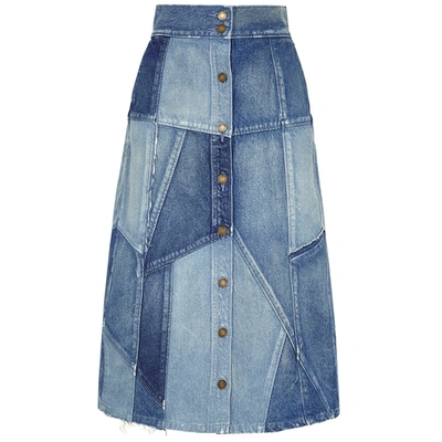 Shop Saint Laurent Patchwork Denim Midi Skirt