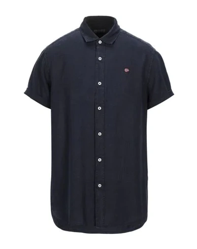 Shop Napapijri Man Shirt Midnight Blue Size L Linen In Dark Blue