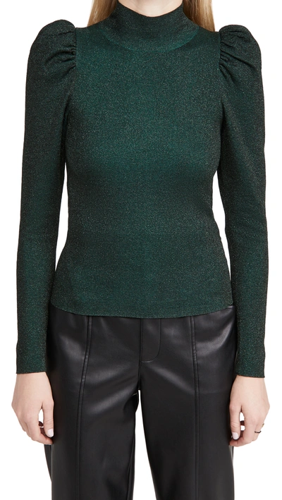 Shop Alice And Olivia Issa Turtleneck Puff Sleeve Fitted Pullover In Dark Teal