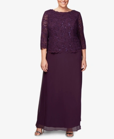 Shop Alex Evenings Plus Sequined Scalloped Edge Lace Top Gown In Deep Plum