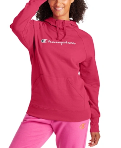 Shop Champion Women's Powerblend Logo Hoodie In Deep Raspberry