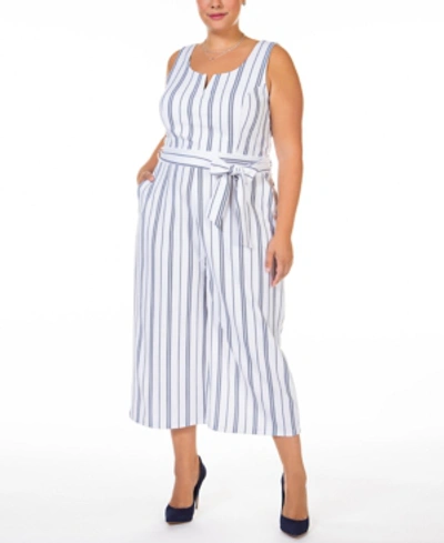 Shop Black Tape Plus Size Printed Textured Knit Jumpsuit In White/navy Stripe