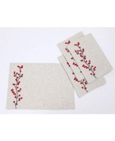 Shop Manor Luxe Holly Berry Branch Crewel Embroidered Christmas Placemats, Set Of 4 In Linen