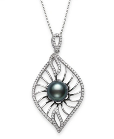 Shop Macy's Cultured Black Tahitian Pearl 9-10mm And Cubic Zirconia Drop Pendant In Sterling Silver With 18" Cha