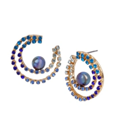Shop Betsey Johnson Pearl Stone Hoop Earrings In Blue