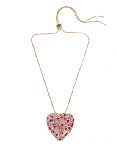 Shop Betsey Johnson Pave Heart Pendant Slider Necklace In Pink