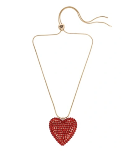 Shop Betsey Johnson Pave Heart Pendant Slider Necklace In Red
