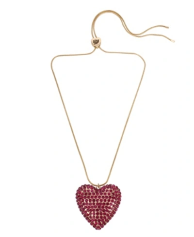 Shop Betsey Johnson Pave Heart Pendant Slider Necklace In Fuchsia
