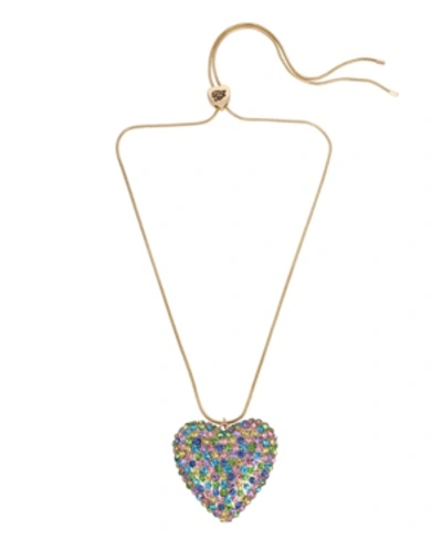 Shop Betsey Johnson Pave Heart Pendant Slider Necklace In Pastel