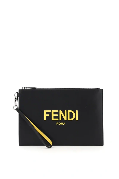 Shop Fendi Roma Leather Pouch In Black,yellow