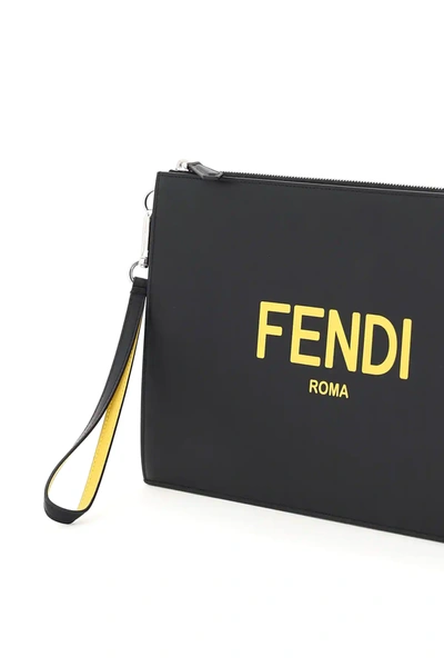 Shop Fendi Roma Leather Pouch In Black,yellow