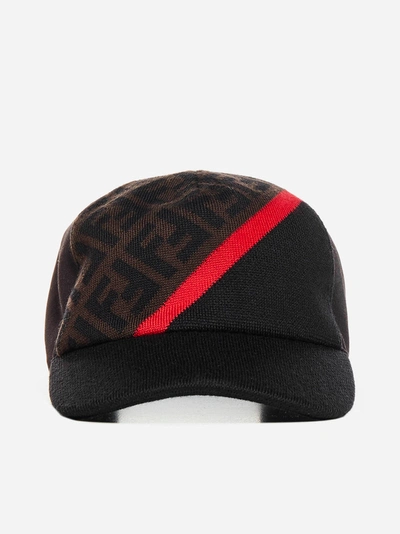 Shop Fendi Ff-logo Wool-knit And Cotton Baseball Cap In Black - Brown - Red