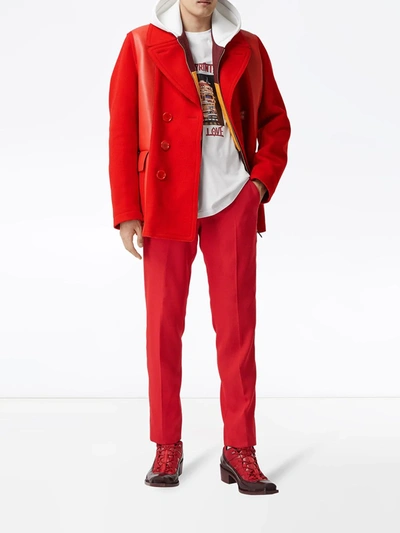 Shop Burberry Leather-panel Peacoat In Red