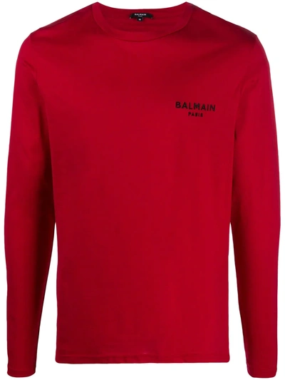 Shop Balmain Logo Embroidered Sleep Top In Red