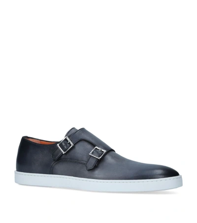 Santoni Freemont Leather Double Monk-strap Shoes In Navy | ModeSens