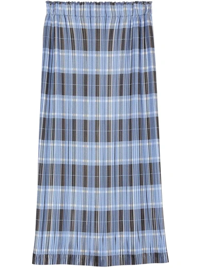 Shop Burberry Check Print Plissé Skirt In Blue