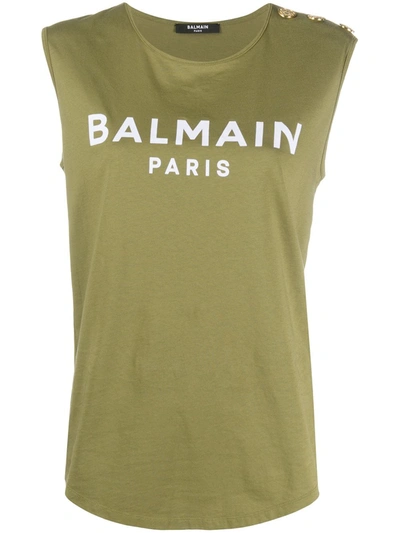 Shop Balmain Logo Print Tank Top In Green