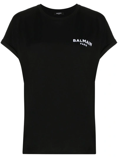 Shop Balmain Small Flocked Logo T-shirt In Black