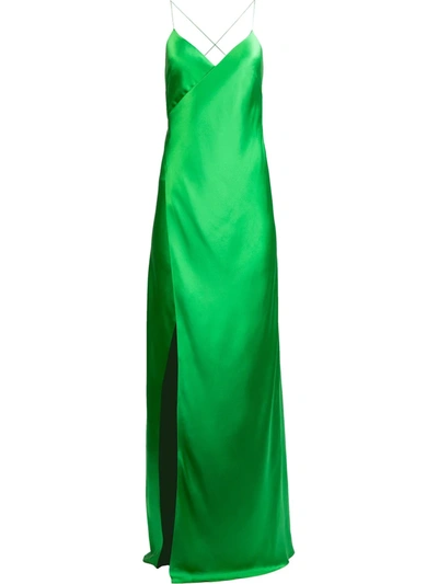 Shop Michelle Mason Cross-strap Silk Wrap Gown In Green