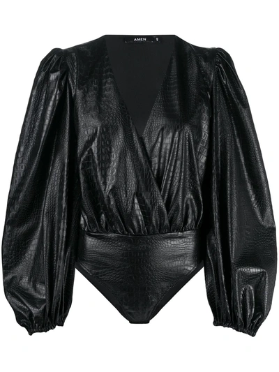 Shop Amen V-neck Croc Effect Bodysuit In Black